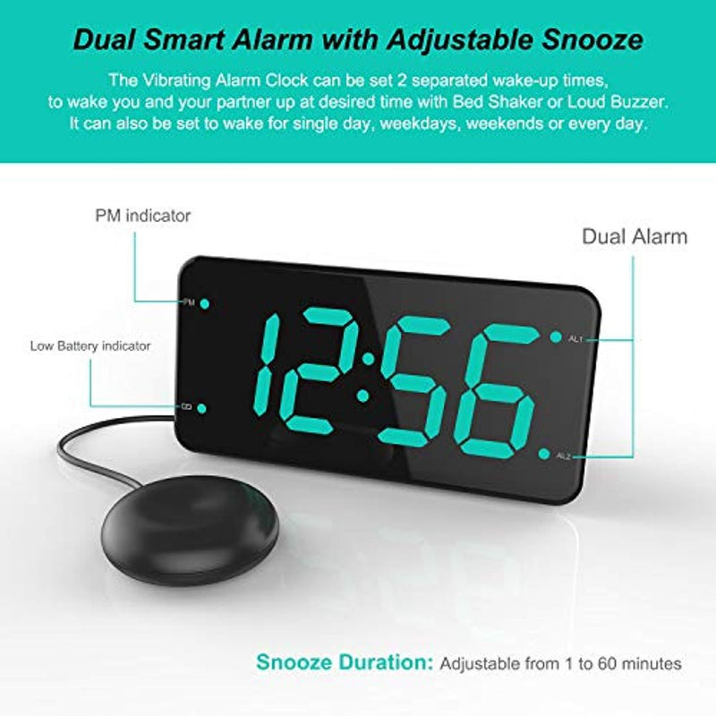 Digital Alarm Clock with Bed Shaker, Extra Loud Alarm, 7-inch Large Display, USB Charger, Full Range Dimmer, USB Night Light – Eye Protection Green by LIELONGREN