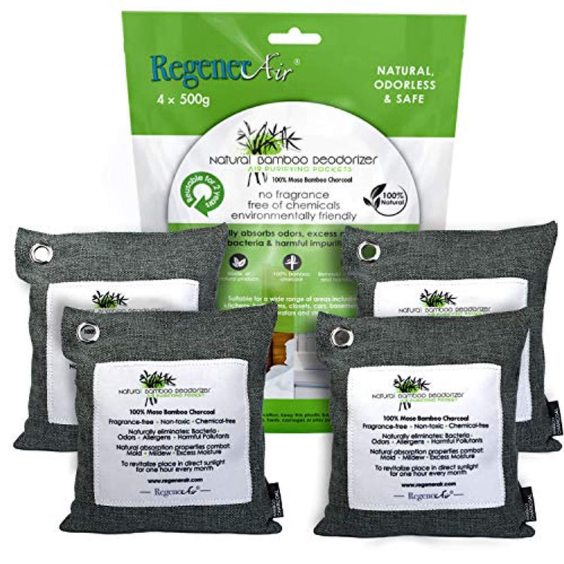 Regenerair Natural Bamboo Air Purifying Bags 100% Moso 4 x 200g Odor Eliminator for Cars Kitchens Closets Bathrooms Pet Areas Charcoal Color