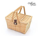 Picnic Basket | Wood Chip Design | Red and White Gingham Pattern Lining | Strong Wooden Folding Handles | Features a Leather Strap Metal Lock for Safety | Natural Eco Friendly Woven Woodchip Basket by CALIFORNIA PICNIC