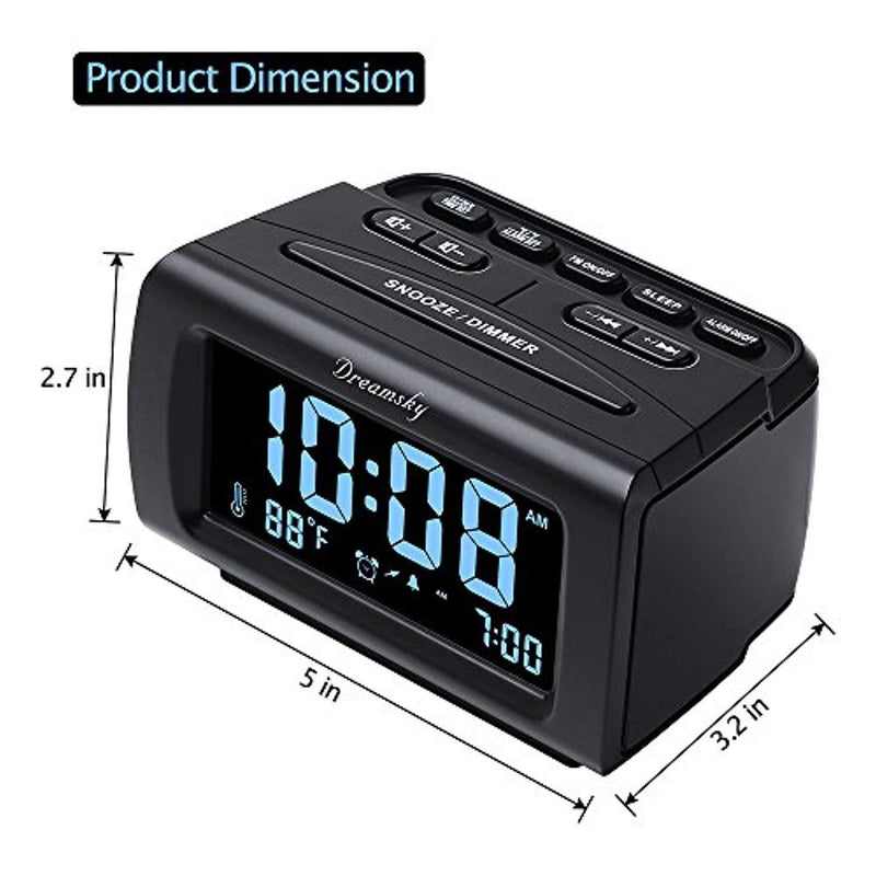 DreamSky Decent Alarm Clock Radio with FM Radio, USB Port for Charging, 1.2" Blue Digit Display with Dimmer, Temperature Display, Snooze, Adjustable Alarm Volume, Sleep Timer.