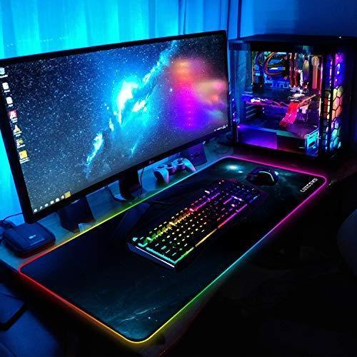LED RGB Gaming Mouse Pad - 10 Light Modes Extended Computer Keyboard Mat with Durable Stitched Edges and Non-Slip Rubber Base, High-Performance Large Mouse Pad Optimized for Gamer 31.5X11.8X0.15Inch