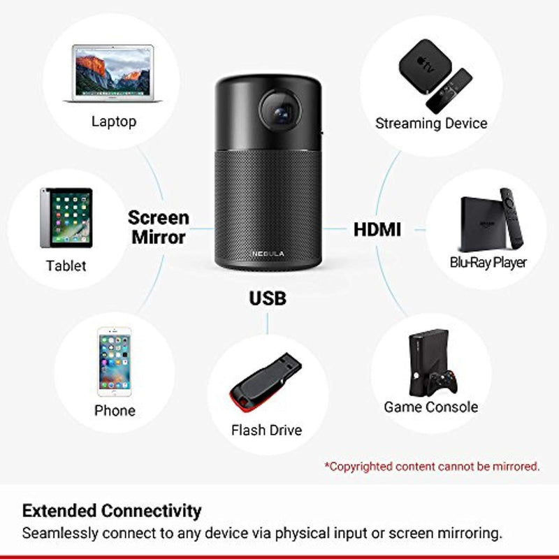 Nebula Capsule Smart Mini Projector, by Anker, Portable 100 ANSI lm High-Contrast Pocket Cinema with Wi-Fi, DLP, 360° Speaker, 100" Picture, Android 7.1, 4-Hour Video Playtime, and App