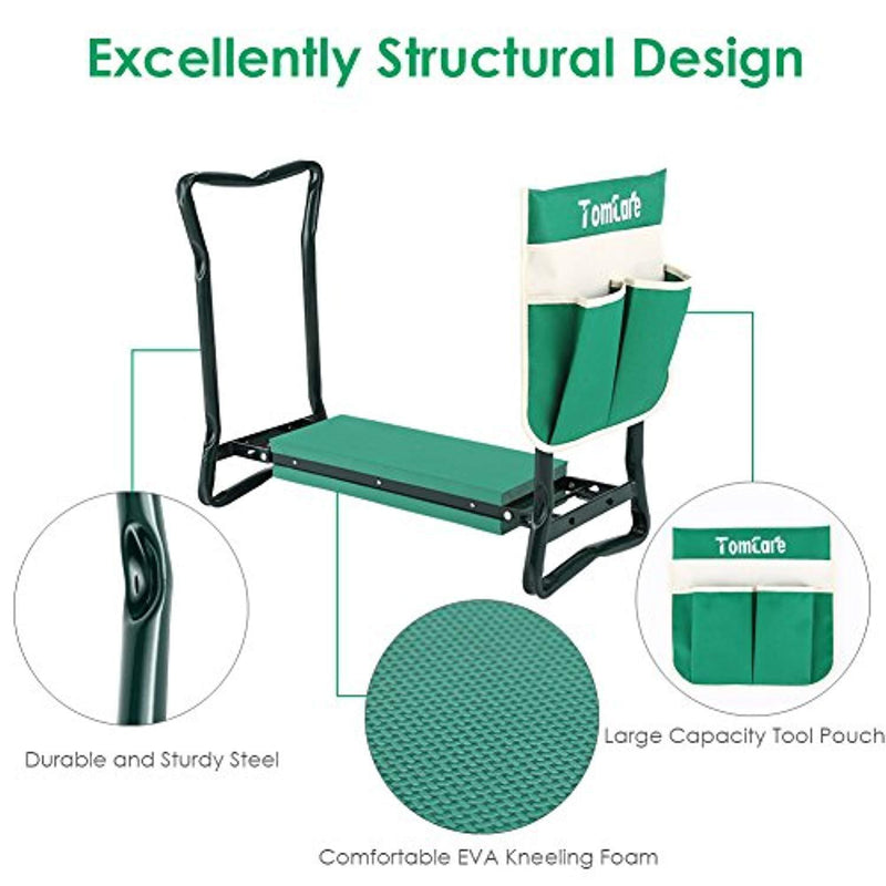 TomCare Garden Kneeler Seat Garden Bench Garden Stools Fordable Stool with Tool Bag Pouch EVA Foam Pad Outdoor Portable Kneeler for Gardening(Large-21.65" x 10.62" x 18.89",Green)