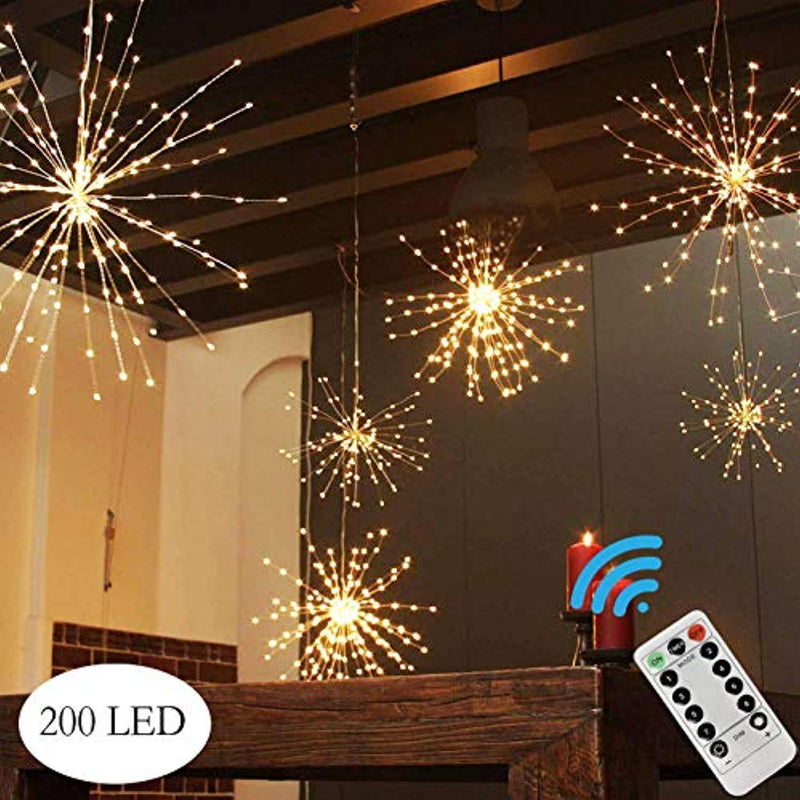 PXB 200LED Hanging Lights, Battery Operated Starburst Lights, 8 Modes Dimmable Remote Control, Waterproof Fairy Lights, Copper Wire Lights, Indoors Outdoors Patio Christmas Decoration (Warm White)