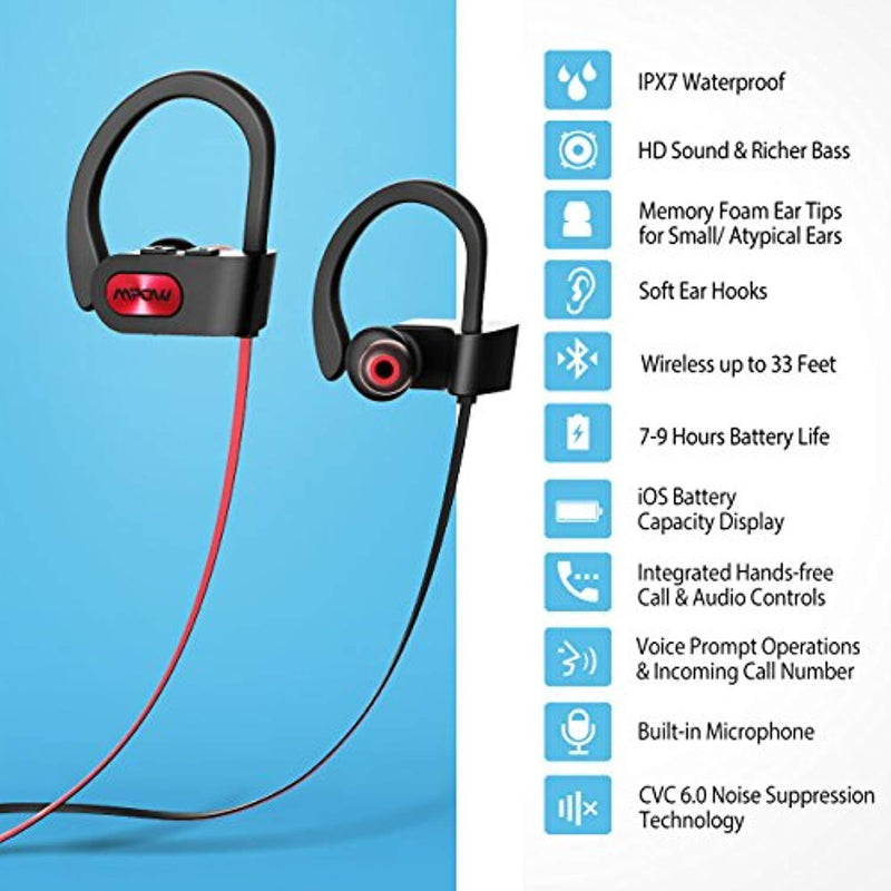 Mpow Flame Bluetooth Headphones Waterproof IPX7, Wireless Earbuds Sport, Richer Bass HiFi Stereo in-Ear Earphones w/Mic, Case, 7-9 Hrs Playback Noise Cancelling Headsets (Comfy & Fast Pairing)