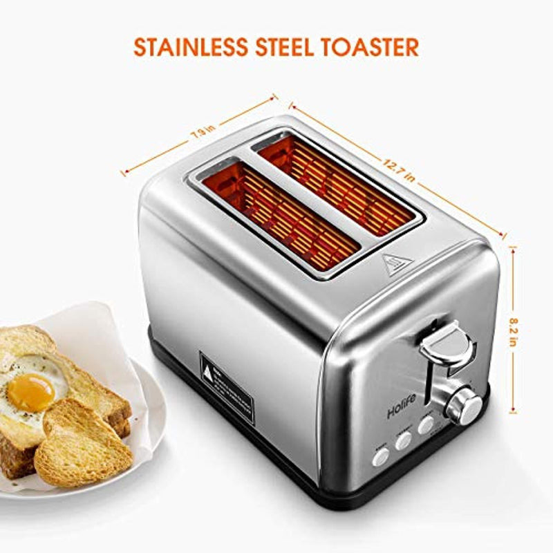 HOLIFE Toaster Two Slice Stainless Steel Bagel Toaster with 6 Bread Shade Settings, Bagel/Defrost/Reheat/Cancel Function, Extra Wide Slots, Removable Crumb Tray, 900W, Silver (Upgraded)