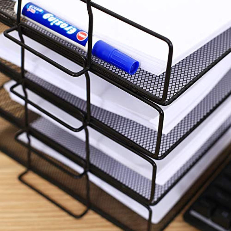 4 Tier Stackable Paper Tray - Metal Mesh Office File Organizer for Desk Printer Letter Teacher Paper Black Color by DeElf
