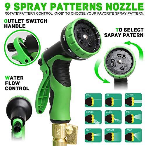 Expandable Garden Hose, 100 FT Lightweight Water Hose, 9 Functions Sprayer with Double Latex Core, Green Black Expandable Hose with 3/4" Solid Brass Fittings, Extra Strength Fabric