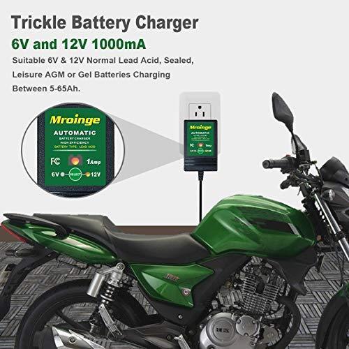 Mroinge MBC016 6V / 12V 1A Fully Automatic trickle Battery Charger/maintainer for Automotive Vehicle Motorcycle Lawn Mower ATV RV powersport Boat, Sealed Deep-Cycle AGM Gel Cell Lead Acid Batteries