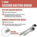 GRILLHOGS Sauce Basting Brush, Premium Stainless Steel Handles, Silicone Basting Brush, Dishwasher Safe Heat Resistant, Natural Long Lasting BBQ Bush, Set of Two