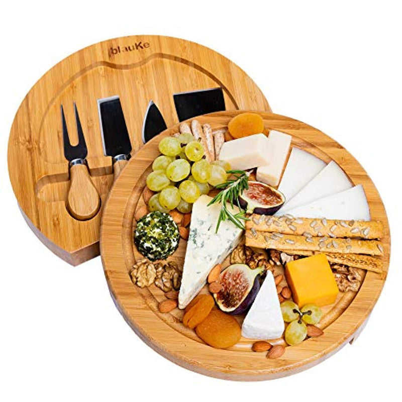 Bamboo Cheese Board with Cutlery Set - Bamboo Cheese Board Set with Slide Out Drawer - Bamboo Cheese Board and Knife Set (4 Cheese Knives Included) by blauKe