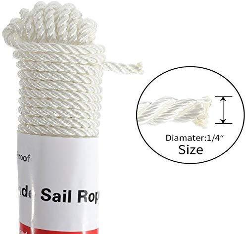 COCONUT Sun Shade Sail Heavy Duty Outdoor UV Block 100% Polyester White Long Rope 1/4 Inch 50 Feet