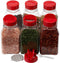 Spice Jars - 16 oz. clear plastic spice containers with shaker red two sided flip tops lids shaking sifter spoon caps - 6 sets - plus 2 mini spoons and 6 White indicating labels