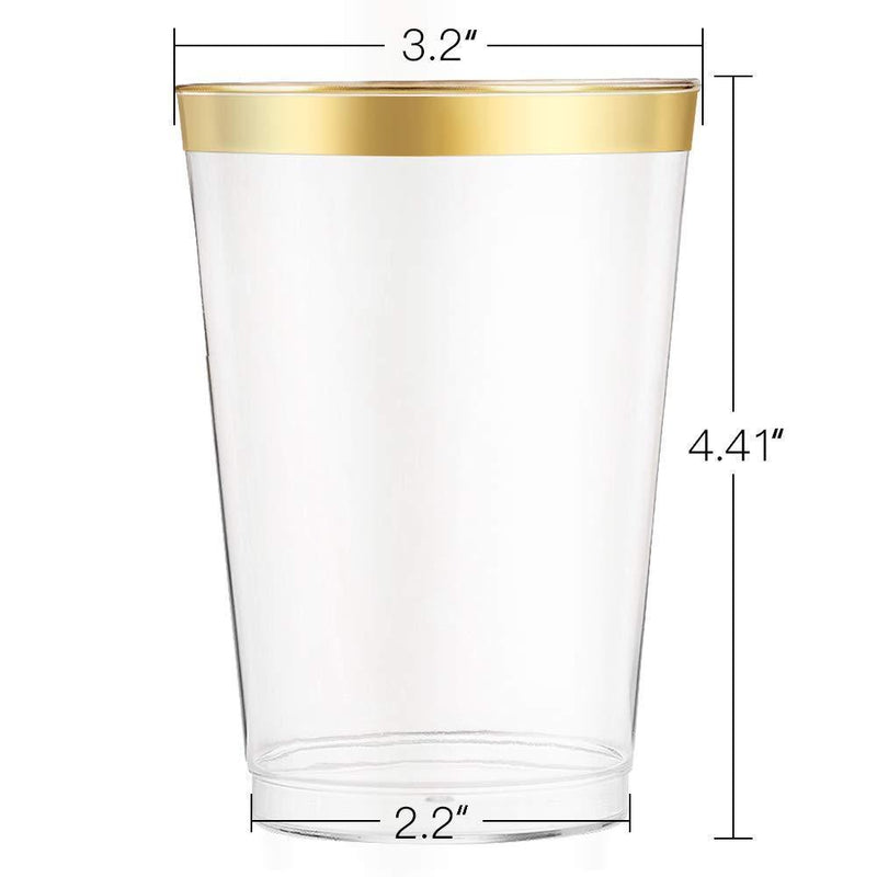12 oz Gold Rimmed Plastic Cups-100 pack | Clear Disposable Cups with Golden Rims | Drinking Party Supplies | Glassware for Wedding Reception, Baby Shower, and Parties