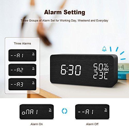 BlaCOG Alarm Clock Digital Desk Wooden Alarm Clock Upgraded with Time Temperature, Adjustable Brightness, 3 Set of Alarm and Voice Control - Bamboo