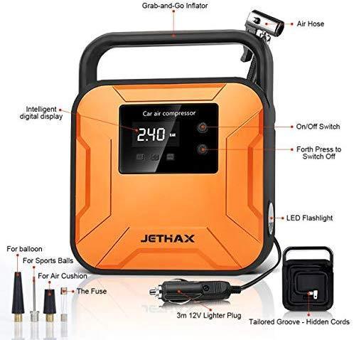 JETHAX Air Compressor Tire Inflator, 12V Portable Air Pump for Car Tires, Tire Pump with LED Light, Long Cable and Auto Shut Off Compatible with Car, Bicycle, Motorcycle, Balls, Inflatable Pool