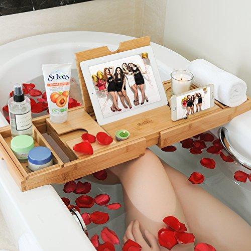 HANKEY Tub Bathtub Caddy Tray (Bamboo) Multi-Functional, Eco-Friendly, Premium Quality, Shower Shelves, Organizer Tray | Comes with Free Bath Towel Ball as Gift