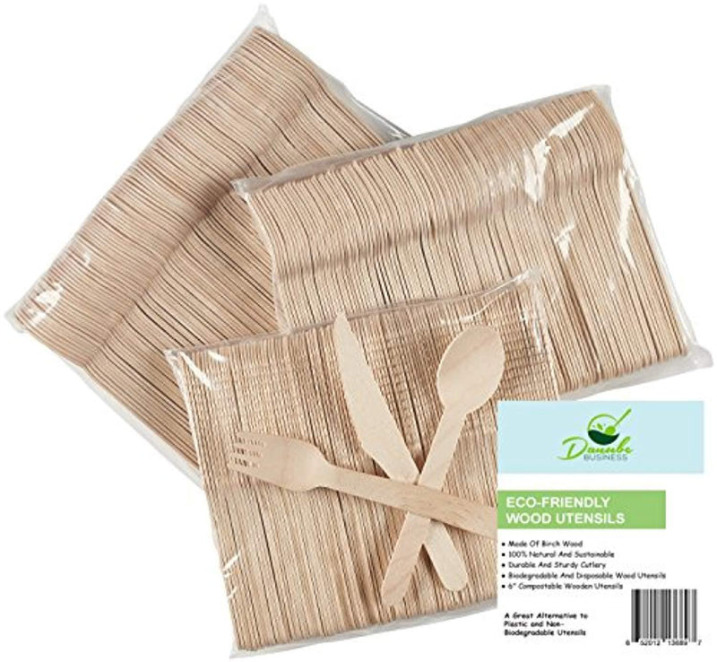 Wooden Disposable Cutlery Set of 300pc, incl. 100 Forks, 100 Spoons, 100 Knives, 6" in Length, Combo Pack, Eco Friendly, Biodegradable, Compostable, 100% Natural Utensils By Danube