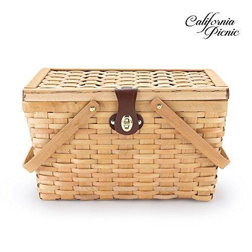 Picnic Basket | Wood Chip Design | Red and White Gingham Pattern Lining | Strong Wooden Folding Handles | Features a Leather Strap Metal Lock for Safety | Natural Eco Friendly Woven Woodchip Basket by CALIFORNIA PICNIC