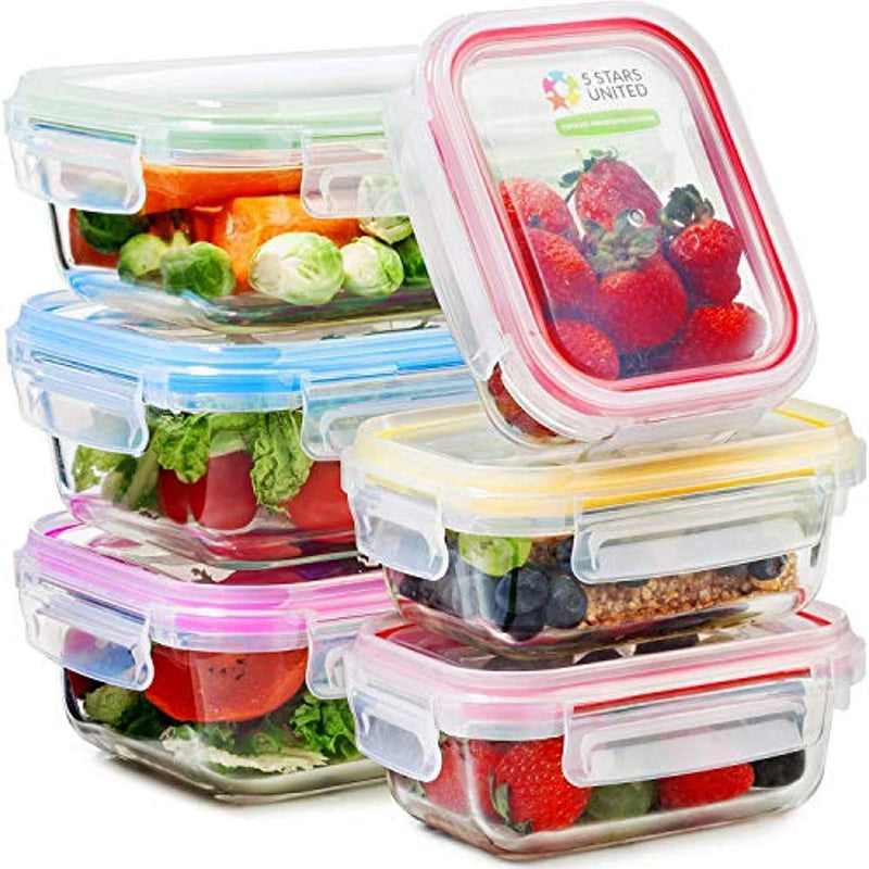Glass Food Storage Containers with Lids - 6 Pack, 2 Sizes (35 Oz, 12 Oz) - Meal Prep Lunch Boxes - Microwave, Fridge, Freezer, Dishwasher, Oven Safe - BPA-free - Easy Snap, Airtight and Leakproof Lid by 5 STARS UNITED