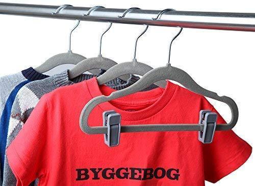 Finnhomy Non-Slip Clothes Hangers for Baby and Kids 30-Pack Velvet Hangers with 10 Finger Clips, Gray
