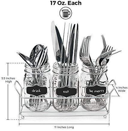 3 Glass Mason Jars with Black Chalk Label - 17 Ounces Clear Chalkboard Mugs on Galvanized Caddy with Handle - Home and Party Drinkware Set, Utensil Organizer, Vintage Rustic Decor Set
