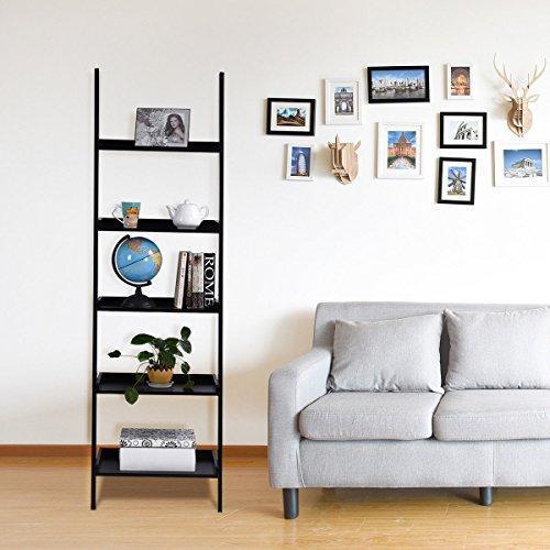 LEAN ON US Tangkula Ladder Bookcase 5-Tier Wood Leaning Shelf Wall Plant Shelf Ladder for Home Office Modern Flower Book Display Shelf Storage Rack Stable A-Frame Wooden Ladder Shelf (Black)
