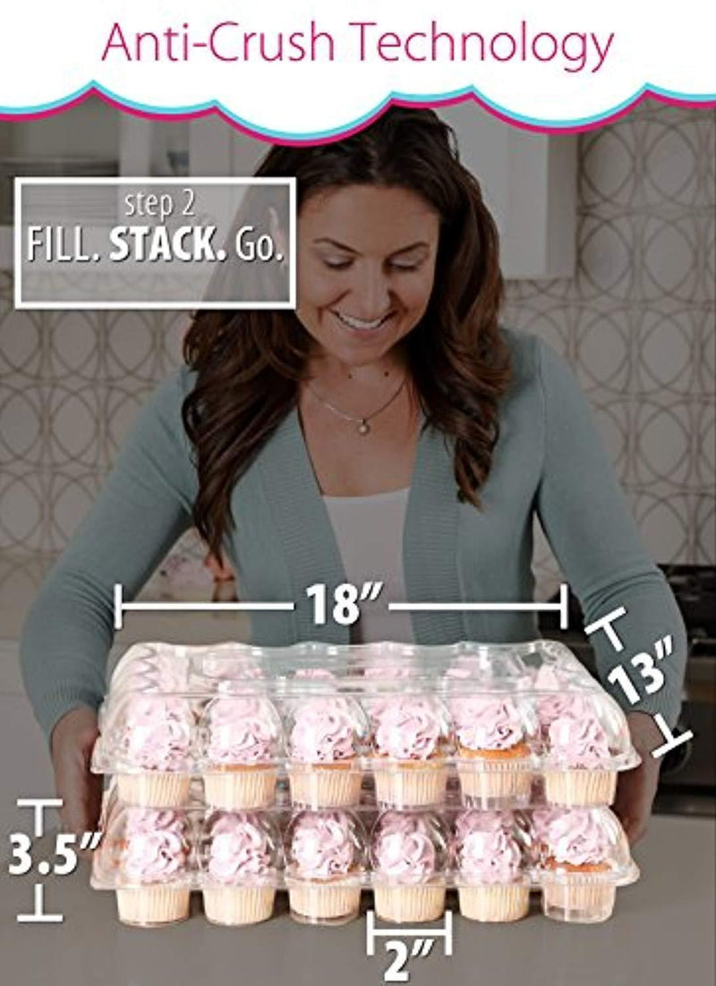 (5 Pack) Fill'nGo Carrier Holds 24 Standard Cupcakes - Ultra Sturdy Cupcake Boxes | Tall Dome Detachable Lid | Clear Plastic Disposable Containers | Storage Tray | Travel Holder | Also Regular Muffins