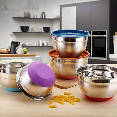 Mixing Bowls with Airtight Lids, 6 piece Stainless Steel Metal Bowls by Umite Chef, Measurement Marks & Colorful Non-Slip Bottoms Size 7, 3.5, 2.5, 2.0,1.5, 1QT, Great for Mixing & Serving