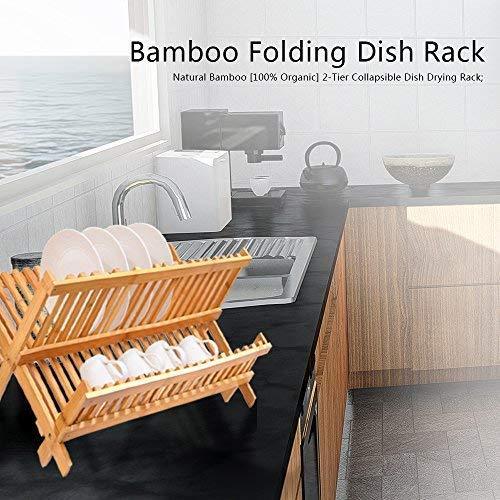 Bamboo Dish Drying Rack, SZUAH Collapsible Dish Drainer, Foldable Dish Rack Bamboo Plate Rack, By 100% Natural Bamboo (17.5" x 13" x 9.6")