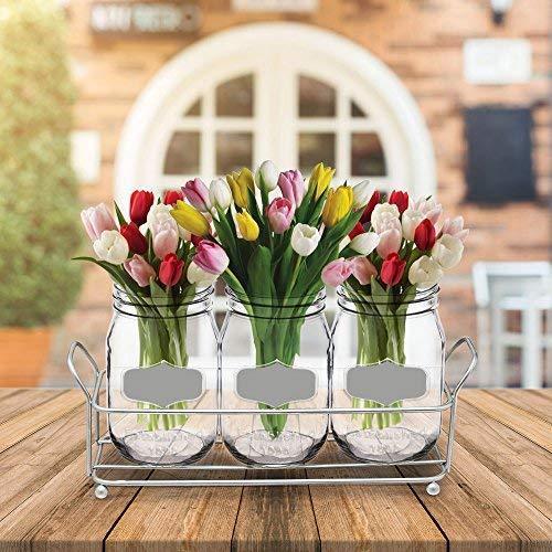 3 Glass Mason Jars with Black Chalk Label - 17 Ounces Clear Chalkboard Mugs on Galvanized Caddy with Handle - Home and Party Drinkware Set, Utensil Organizer, Vintage Rustic Decor Set