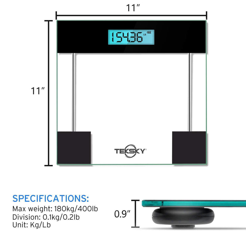 TekSky Digital Body Weight Scale with Step-On Technology - High Precision - Body Tape Measure - 6mm Tempered Glass (MAX 400 lbs. Elegant Black)