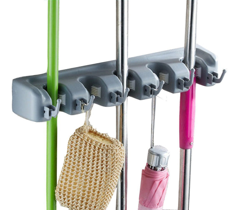 Cinlv Wall Mounted Mop Broom Holder Storage Solutions for Broom Holders Garden Storage Rack 3 position with 4 hooks Garage Storage Systems Broom Organizer