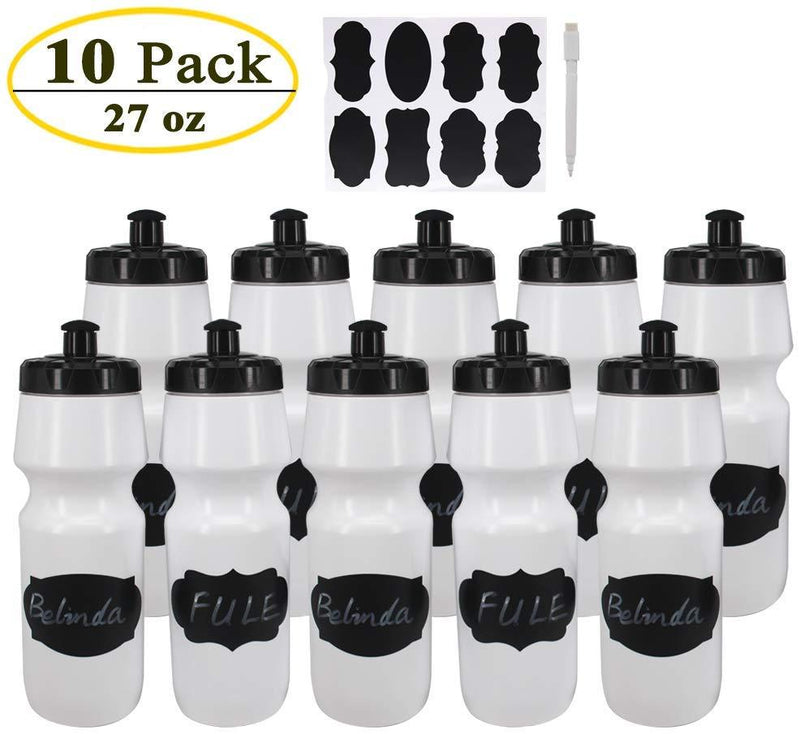 Belinlen 10 Pack 27 oz Sports Water Bottles Sports and Fitness Squeeze Water Bottles BPA Free Come with 16 pcs Chalk Labels, 1 Pen