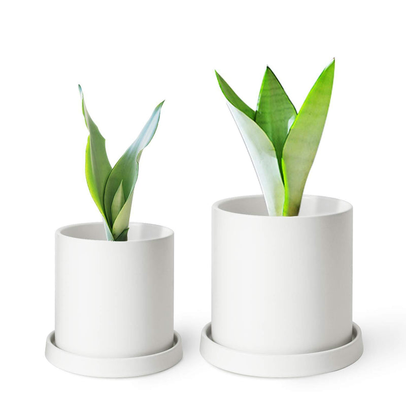MoonLa Plant Pots - 5.7 + 4.8 Inch White Matt Ceramic Planter for Flower, Cactus, Succulent Planting, with Drainage Hole & Saucer, Set of 2 (Plants Not Included)