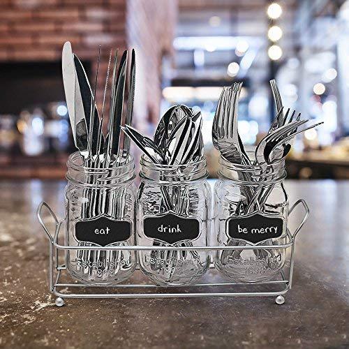 3 Glass Mason Jars with Black Chalk Label - 17 Ounces Clear Chalkboard Mugs on Galvanized Caddy with Handle - Home and Party Drinkware Set, Utensil Organizer, Vintage Rustic Decor Set