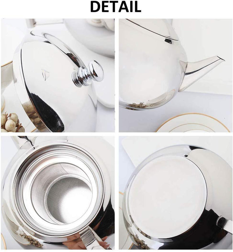 OMGard Teapot with Infuser Loose Tea Leaf 2 Liter Stainless Steel Tea Pot Coffee Water Small Kettle Filter Set Warmer Teakettle for Stovetop Induction Stove Top 2.1 Quart / 68 Ounce