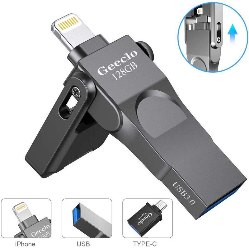 USB 3.0 Flash Drive for iPhone Geeclo iPhone Flash Drive 128GB iPhone External Storage USB 3.0 photostick Mobile for iPhone Computers Photo iPhone Picture Stick (Gray)