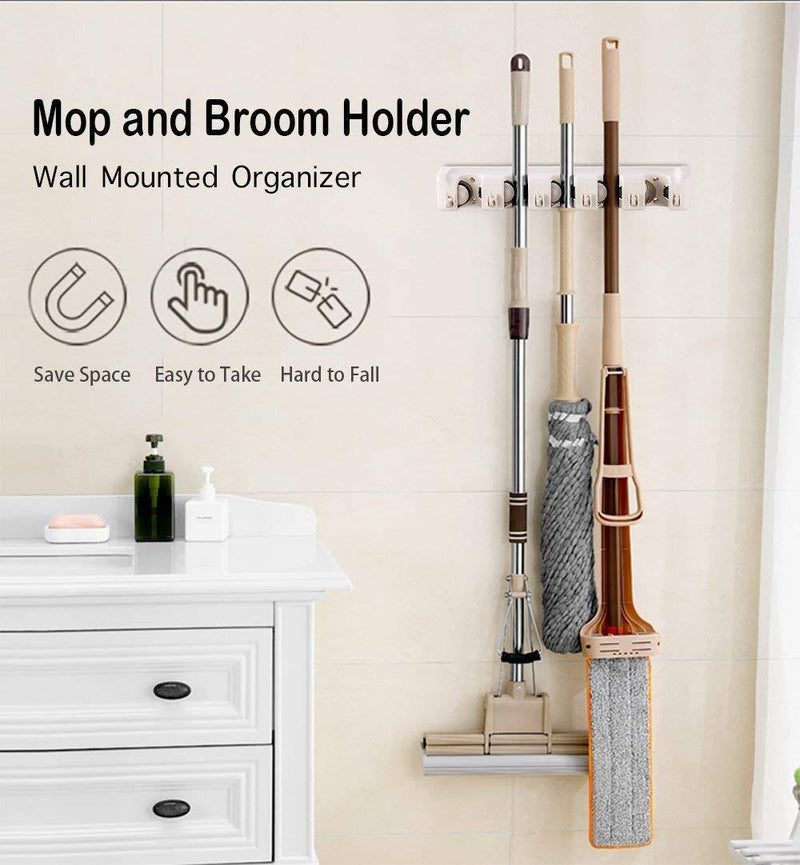 Imillet Mop and Broom Holder, Wall Mounted Organizer-Mop and Broom Storage Tool Rack with 5 Ball Slots and 6 Hooks (Gray) (Double Pack)