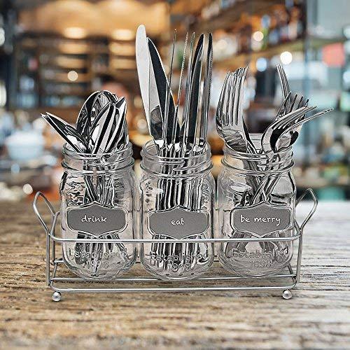 3 Glass Mason Jars with Black Chalk Label - 17 Ounces Clear Chalkboard Mugs on Galvanized Caddy with Handle - Home and Party Drinkware Set, Utensil Organizer, Vintage Rustic Decor Set