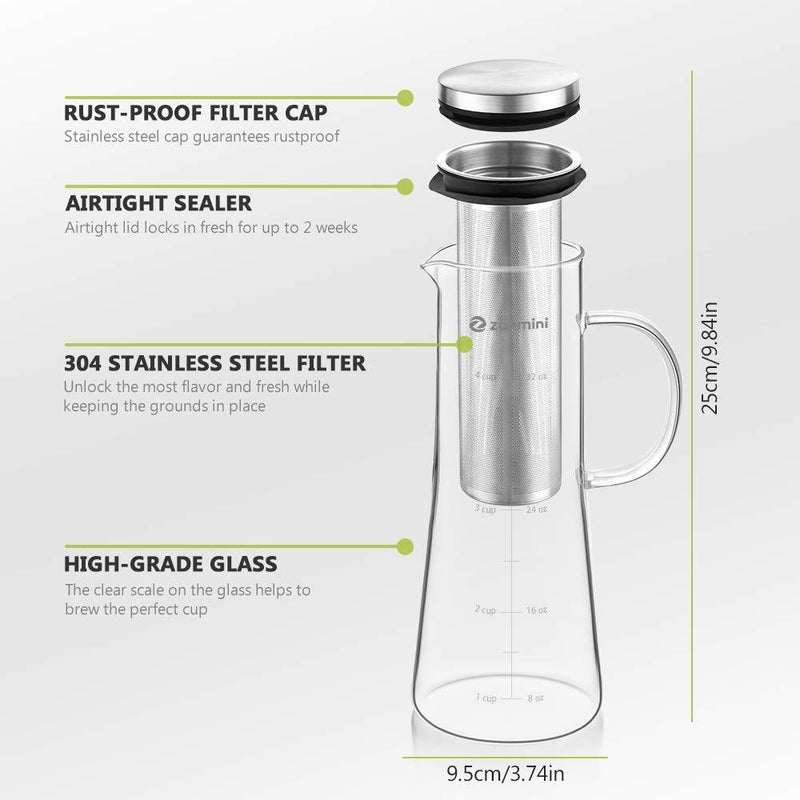 zanmini Cold Brew Coffee Maker, 6 in 1 Glass Infusion Pitcher(1 Quart/32 oz) with 304 Stainless Steel Filter and High-Grade Glass Pitcher for Hot/Cold Coffee, Tea, Fruit, Juice, Milk and Beer