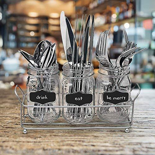 3 Glass Mason Jars with Black Chalk Label - 17 Ounces Clear Chalkboard Mugs on Galvanized Caddy with Handle - Home and Party Drinkware Set, Utensil Organizer, Vintage Rustic Decor Set