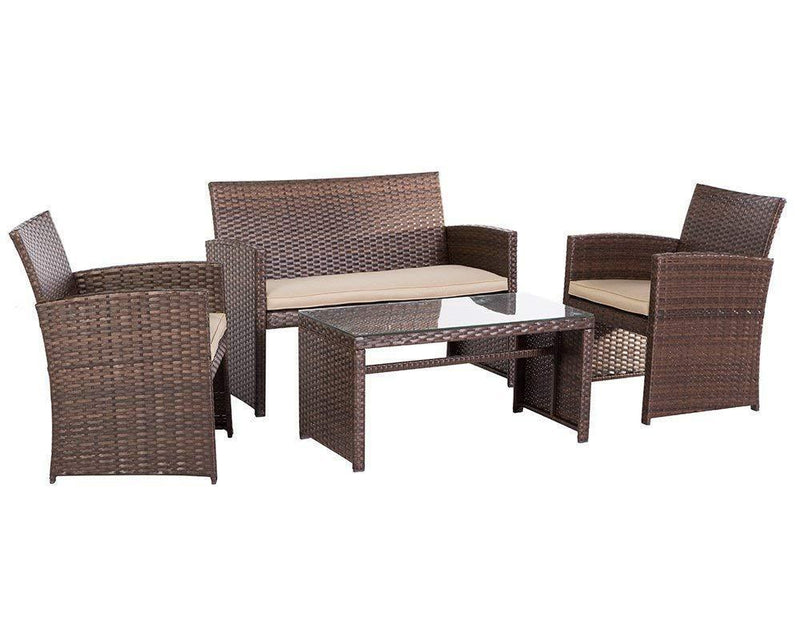 SUNCROWN Outdoor Patio Furniture Set, 4-Piece All-Weather Grey Wicker Conversation Set Glass Top Table & Thick, Durable Cushions Washable Covers