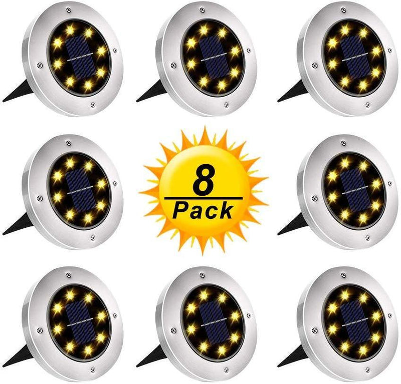 Solar Ground Lights, Upgraded Outdoor Garden Waterproof Bright in-Ground Lights for Lawn Pathway Yard Driveway, with 8 LED Warm White Lights (8 Pack)