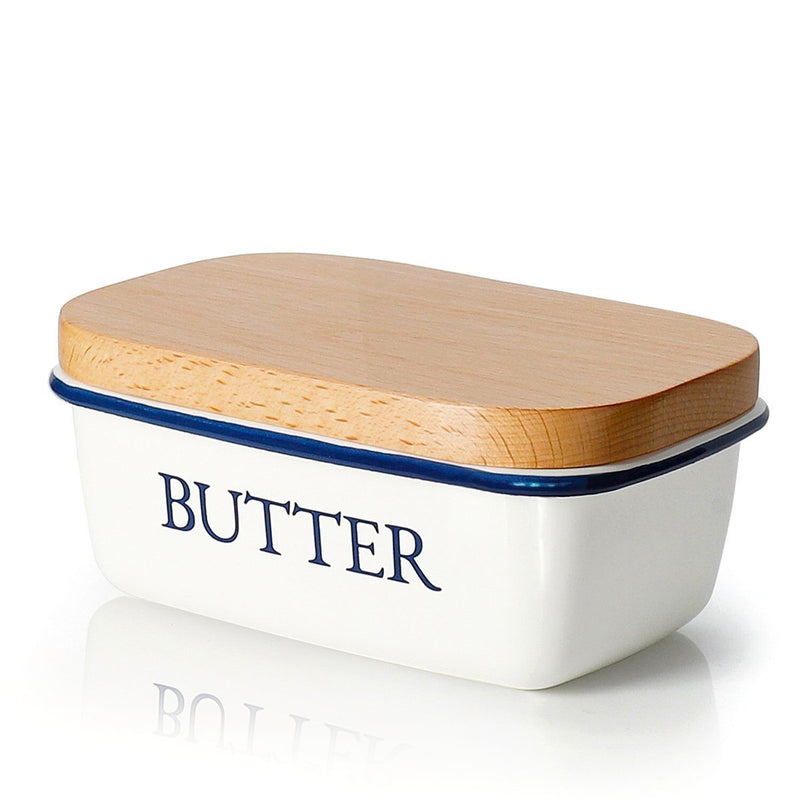 SveBake Butter Dish - Enamel Butter Boat with Beechwood Lid, White