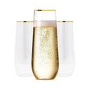 Plastic Champagne Flutes with GOLD RIM SET OF 24 | 9 Oz STEMLESS | Disposable | BPA-FREE | Shatterproof | Clear Toasting Glasses | Recyclable | Perfect for Weddings Party Events Holidays