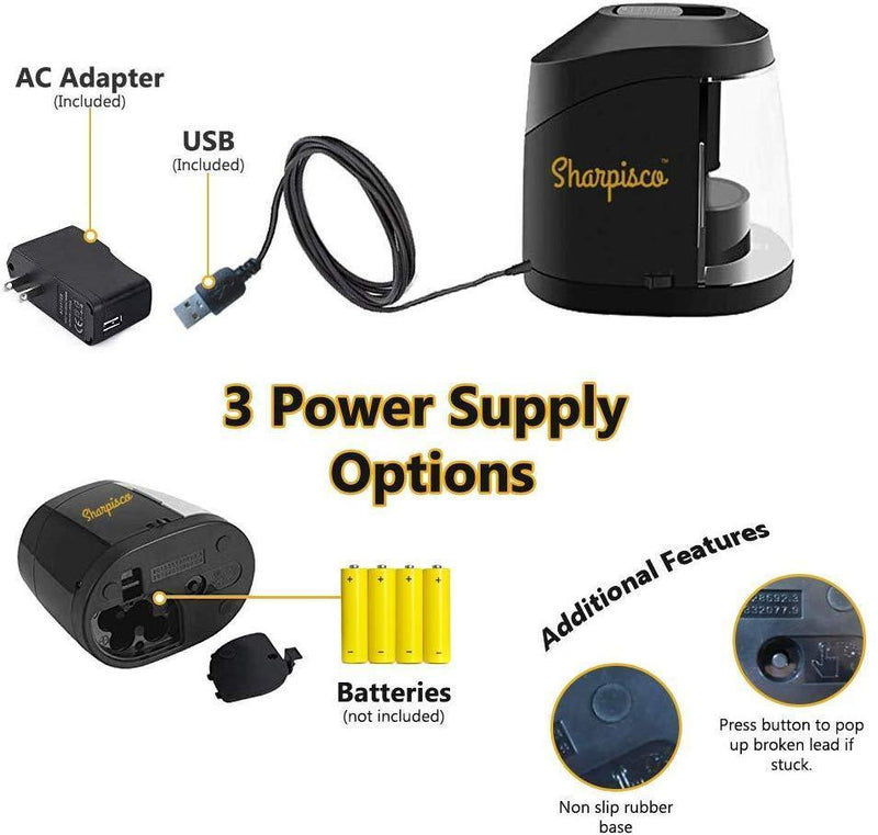 Sharpisco™ Electric Pencil Sharpener Best Compact - For School, Home and Office - Batteries USB or AC adapter - Helical Blade for Fast Sharpen - Autostop - 3 Sharpening Settings
