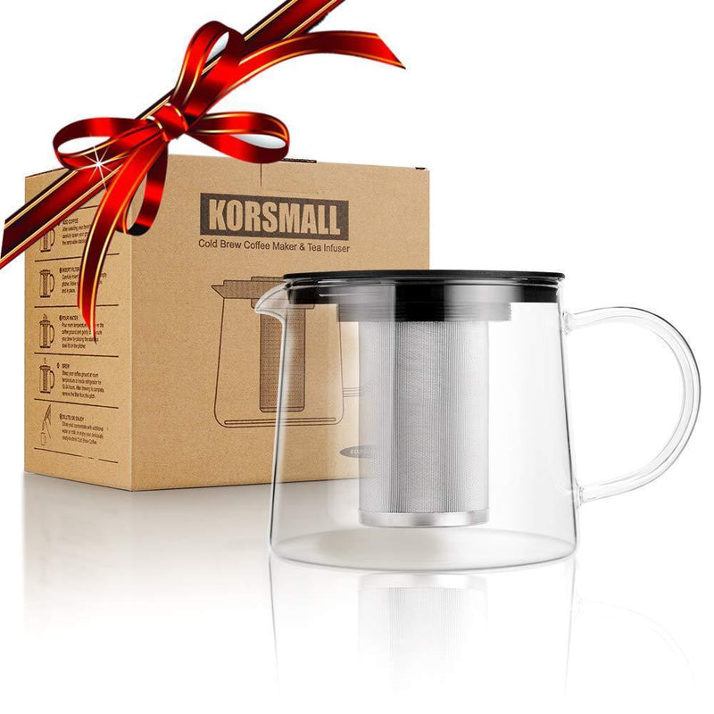 KORSMALL Cold Brew Maker and Tea Infuser, 1.5L/50oz Premium Glass Pitcher with Lid Removable and Reusable Filter Perfect for Hot or Iced Coffee, 1.5L / 50oz, black clear