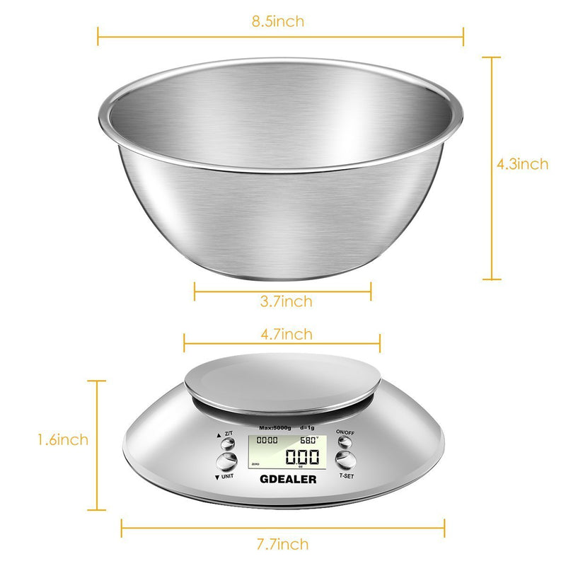 GDEALER Digital Kitchen Scale 11lb/5kg Accuracy Food Scale Multifunction Kitchen Scale with Bowl, Stainless Steel, 2.15L Liquid Volume, Alarm Timer, Temperature, Backlight LCD Display