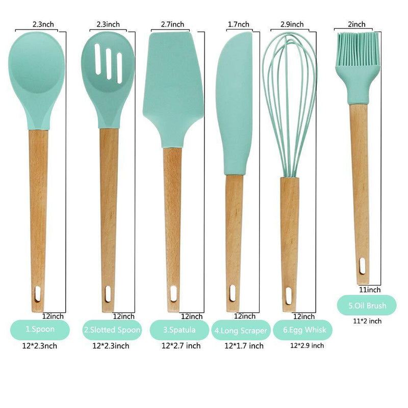 Baking Utensils Set,Silicone Baking Tool Supplies kitchen Gadgets Set of 6, Wood Handle Balloon Whisk,Slotted Spoon,Solid Spoon,Spatula,Long Scraper and Pastry Brush